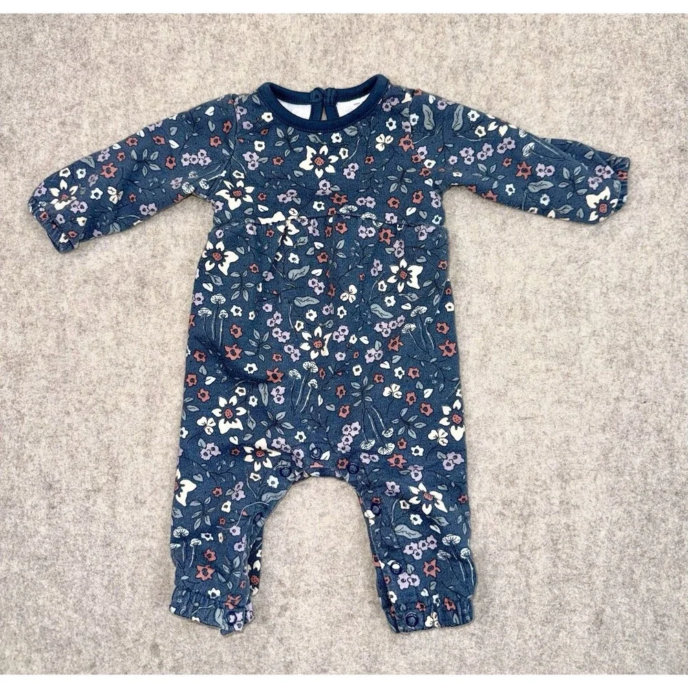 Carters Baby Girl 0-3 Month Blue Floral Snap Romper Long Sleeve